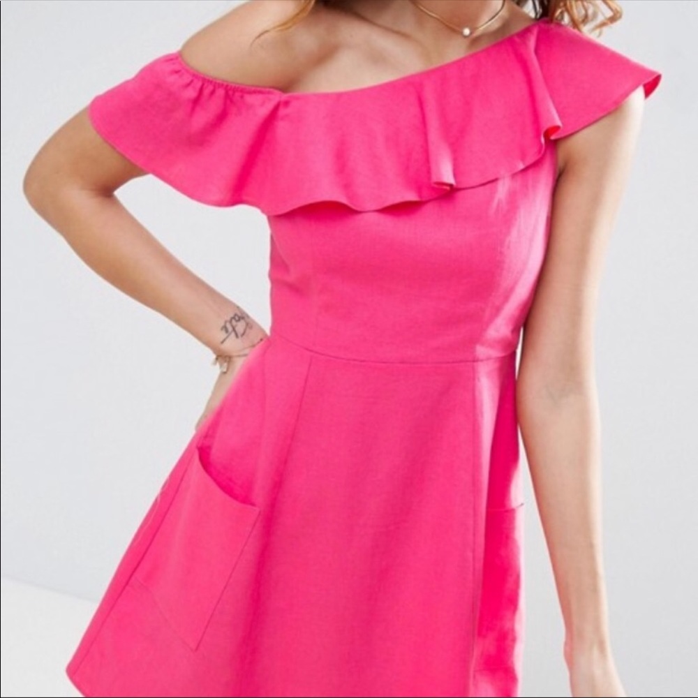 ASOS Pink Linen Off Shoulder Dress - Picture 3 of 5